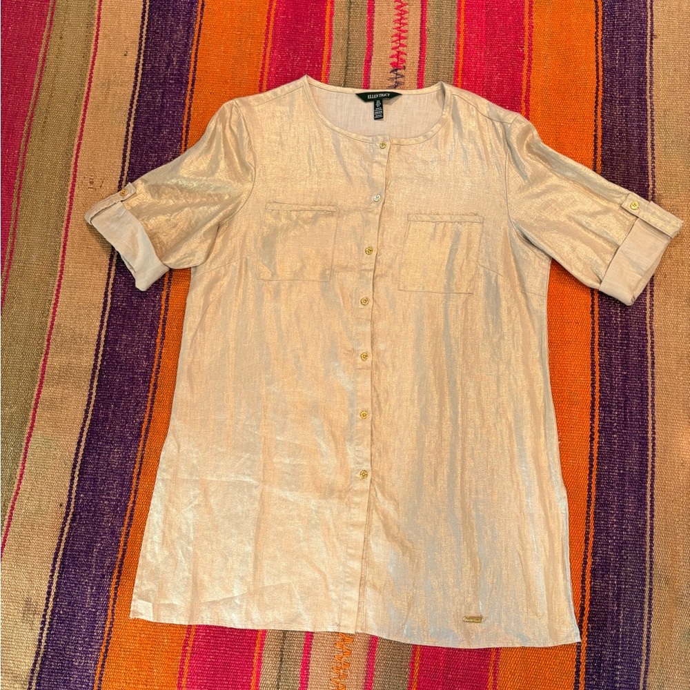 Ellen Tracy Soft Gold Linen Tunic Blouse